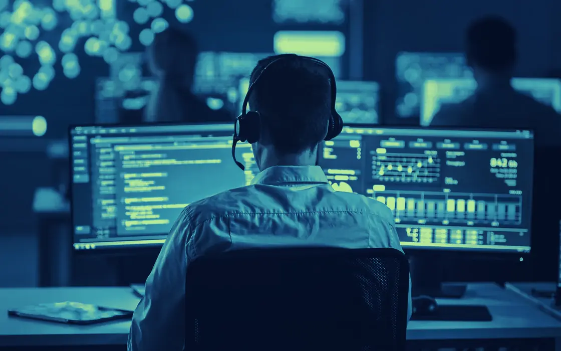 An analyst in a headset works at monitoring screens in an operations center