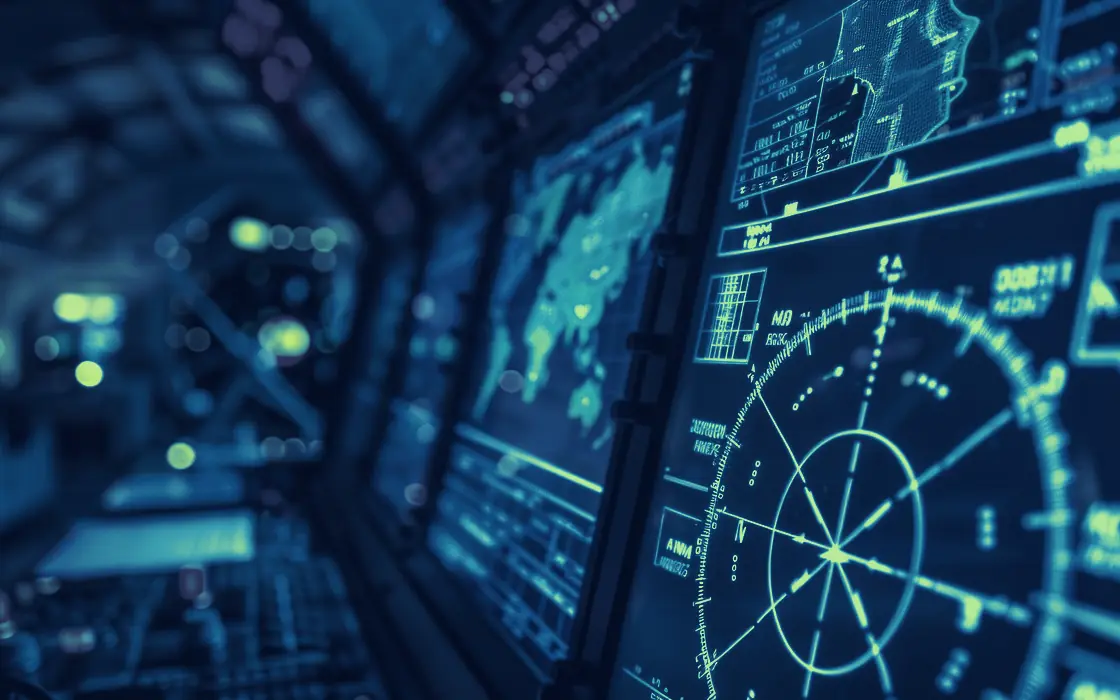 Mission displays with radar and map screens in an operations console